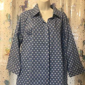 blue plaid 3/4 sleeves front pocket gauze button